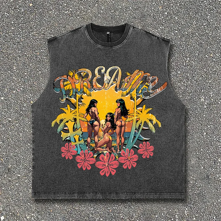 Vacation Style Beach Spice Girls Print Y2K Tide Acid Wash Tank Top