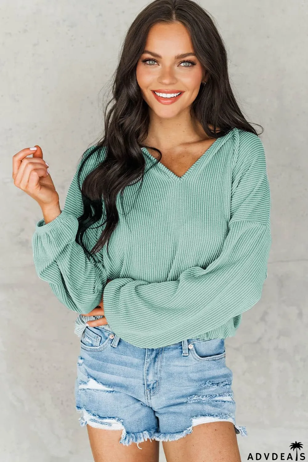 Green Loose Fit Ribbed V Neck Hoodie