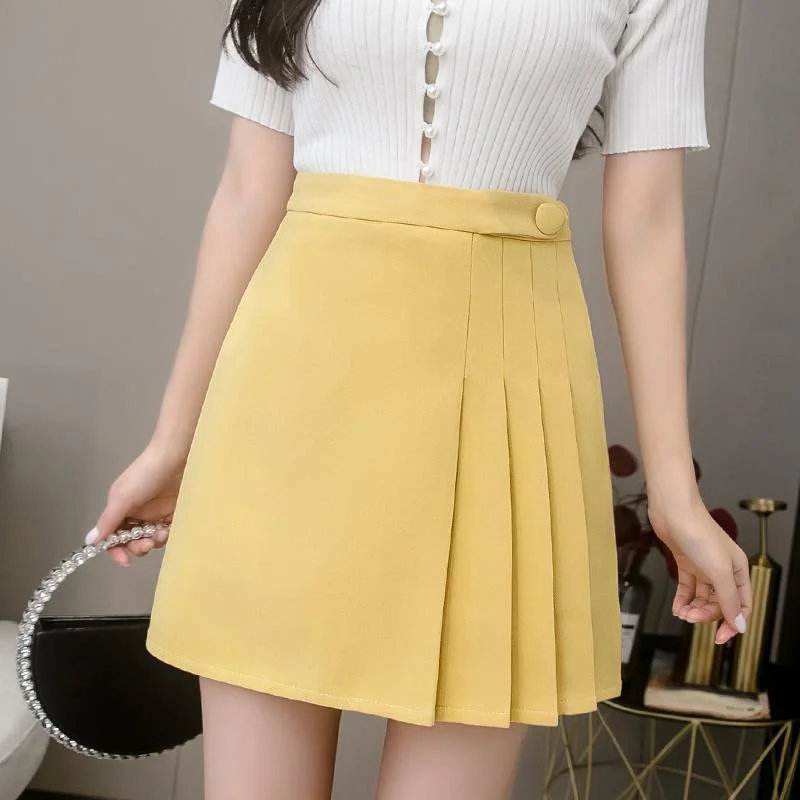 FTLZZ New Women High Waist Single Button Office Lady Mini Pleated Skirt Casual Female Solid Color Slim Fit Short Black Skirts