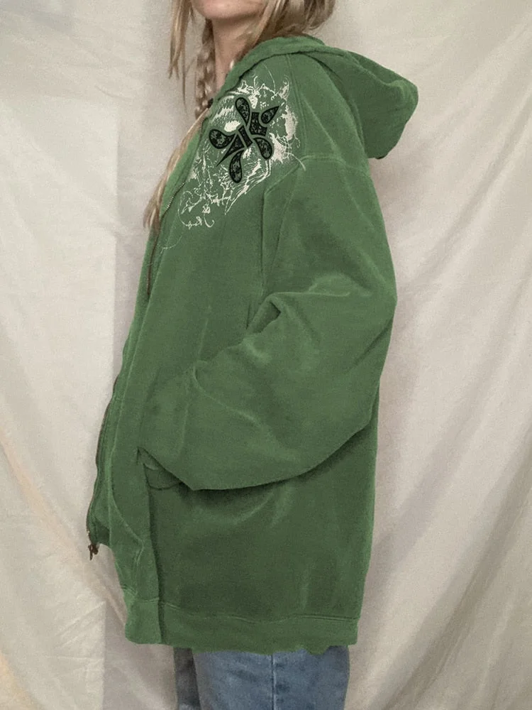 Rapcopter Printed y2k Jackets Grunge Fairycore Zipper Hooded Coat Pockets Loose Retro Kawaii Outerwear Women Korean Harajuku 90s