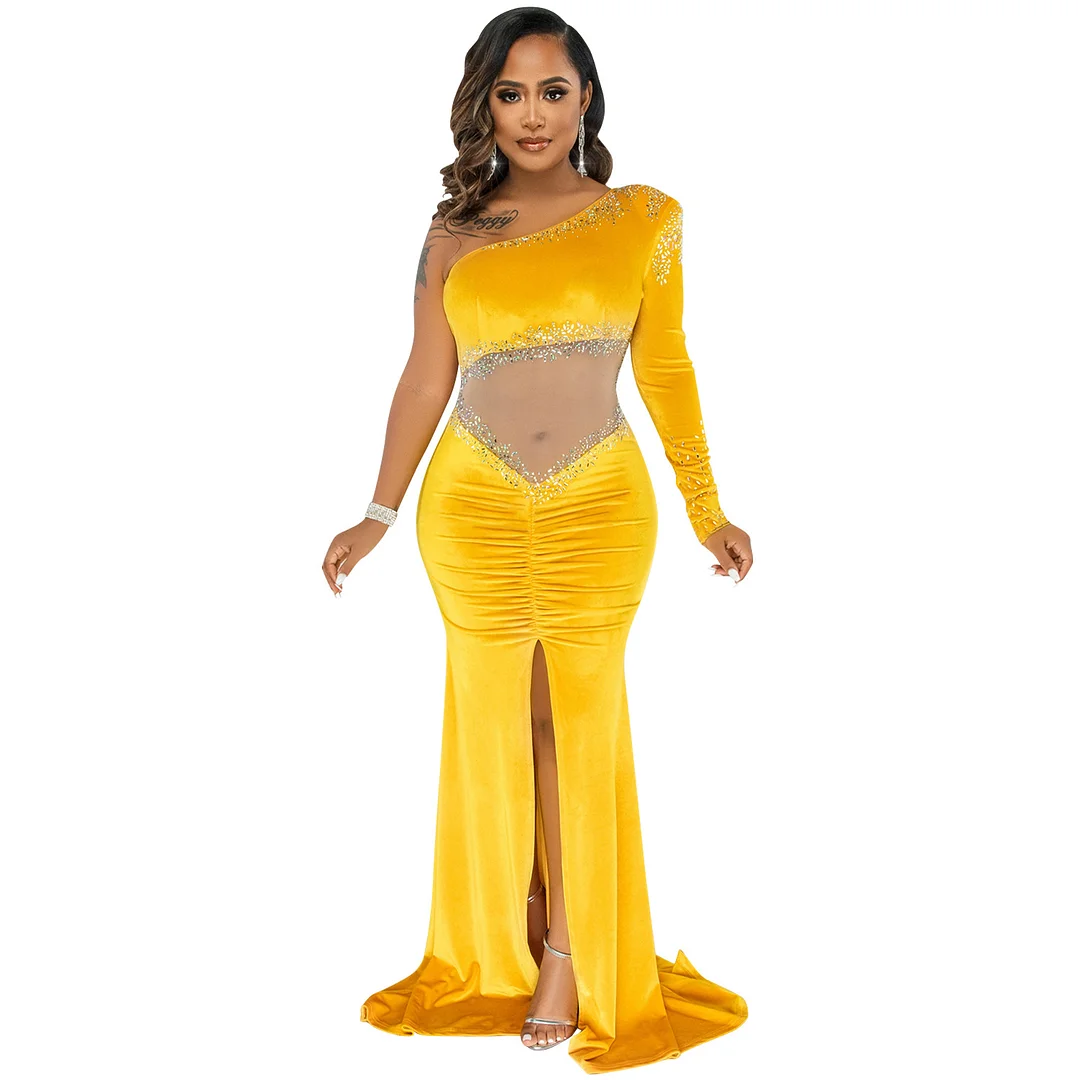 Churchf Churchf Royal Velvet Hot Diamond Mesh See-Through Pleated Collar One-Shoulder Slit Dress