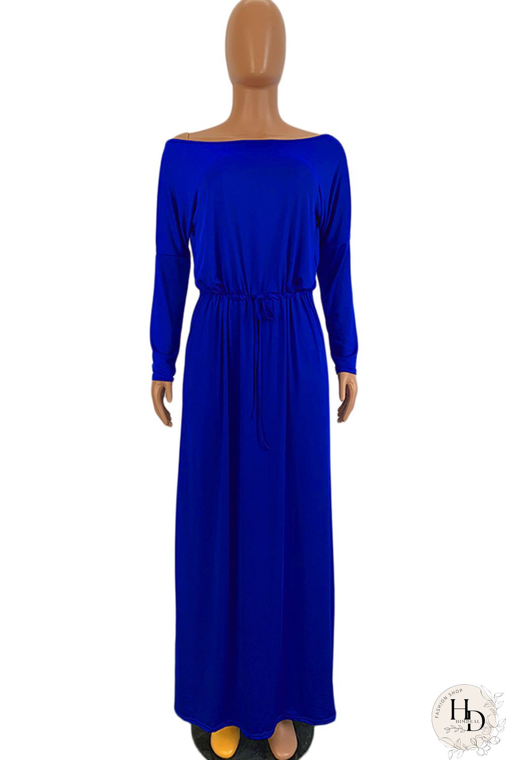 Blue Milk. Celebrities Off The Shoulder Long Sleeves One word collar Step Skirt Ankle-Length Solid