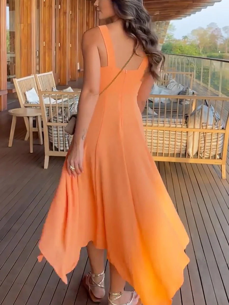 Solid color A-line dress with irregular hem