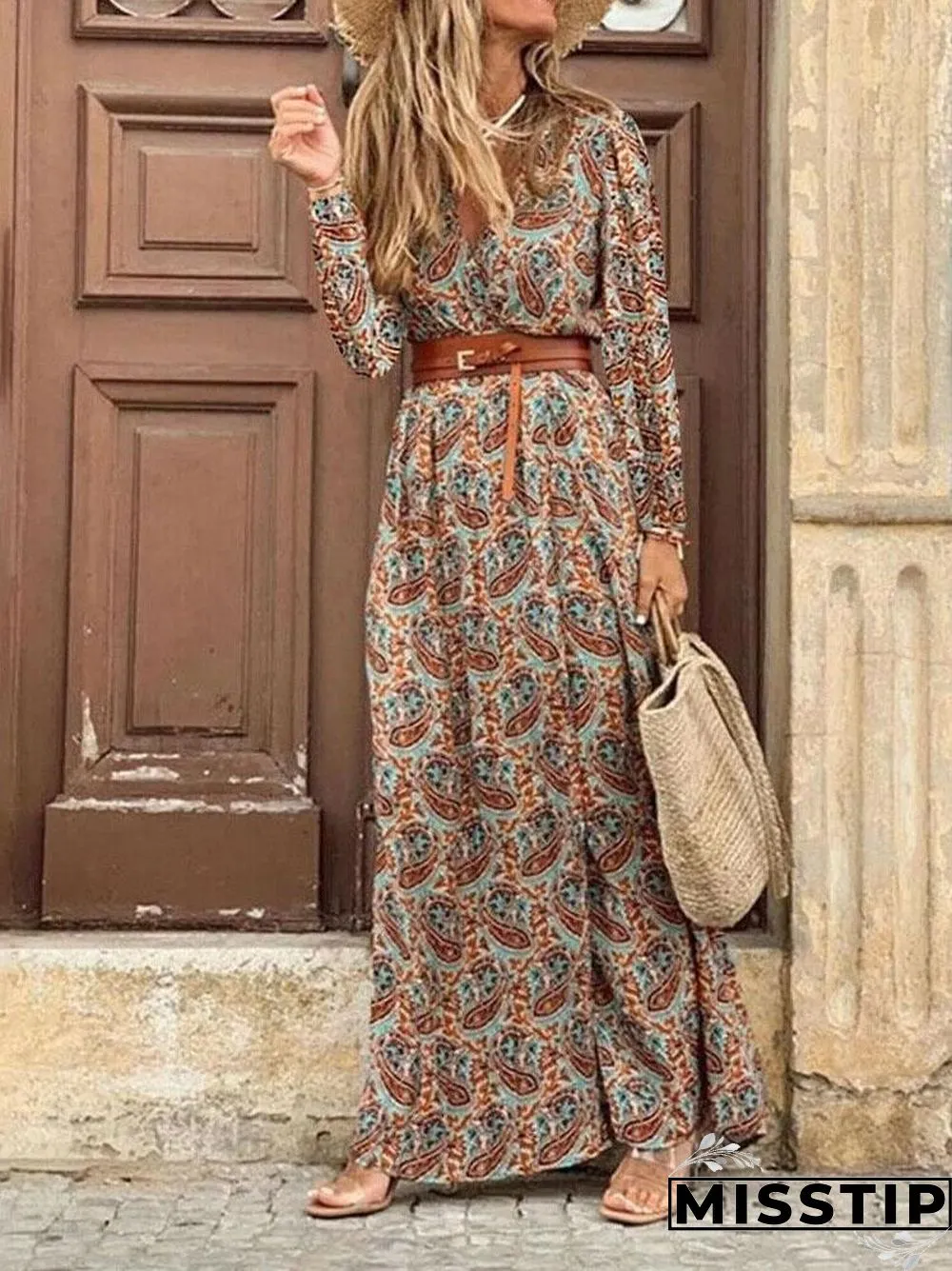 Bohemia Style V Neck Long Sleeve Beach Maxi Dress