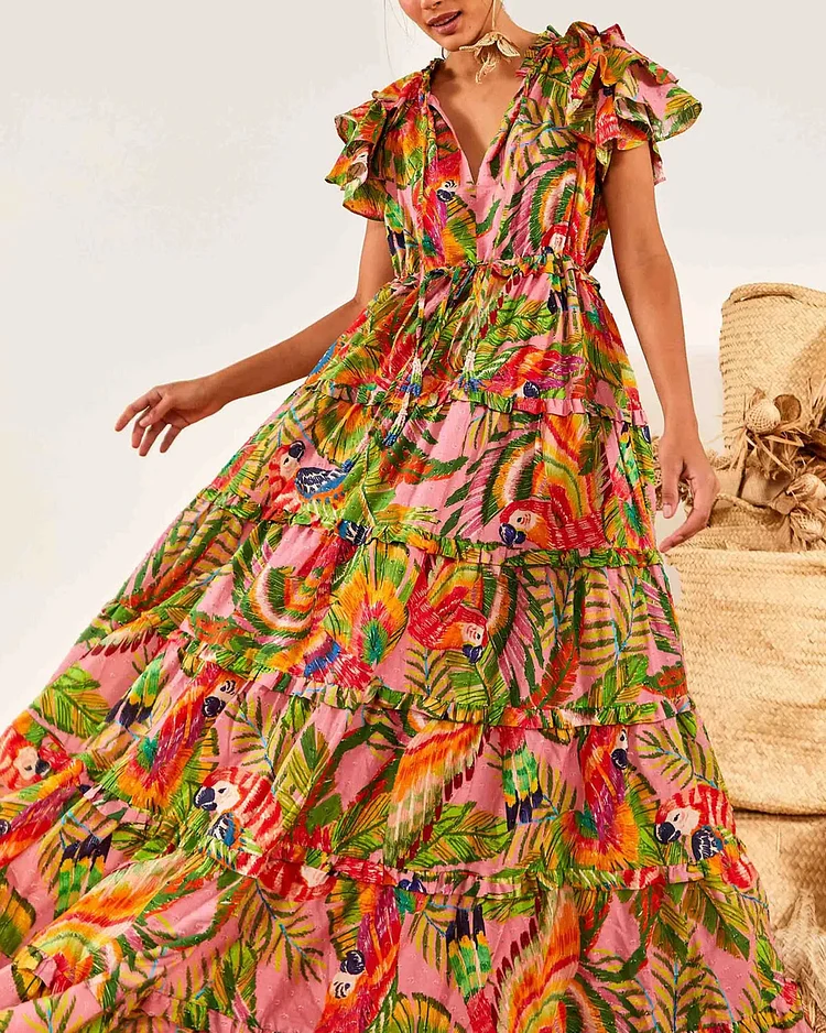 Farm Rio Anthropologie Macaw Leaves Flutter Sleeve Maxi Dres