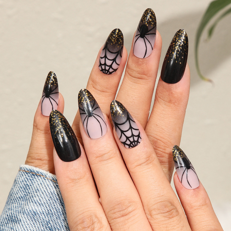 Halloween Press on Nails Long Coffin Spider Web Full Cover Fake Nails Black Blood Stick on Nails Acrylic Nails for Women Men Girls