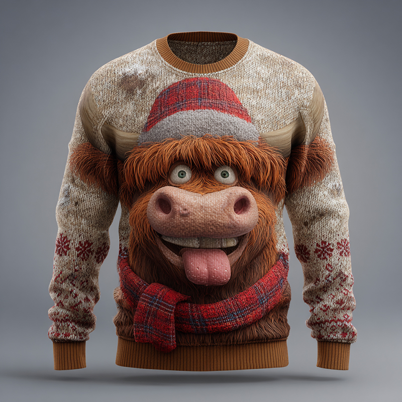 Men's Fun Christmas Cute Highland Cow Print Knit Sweater elevenforest