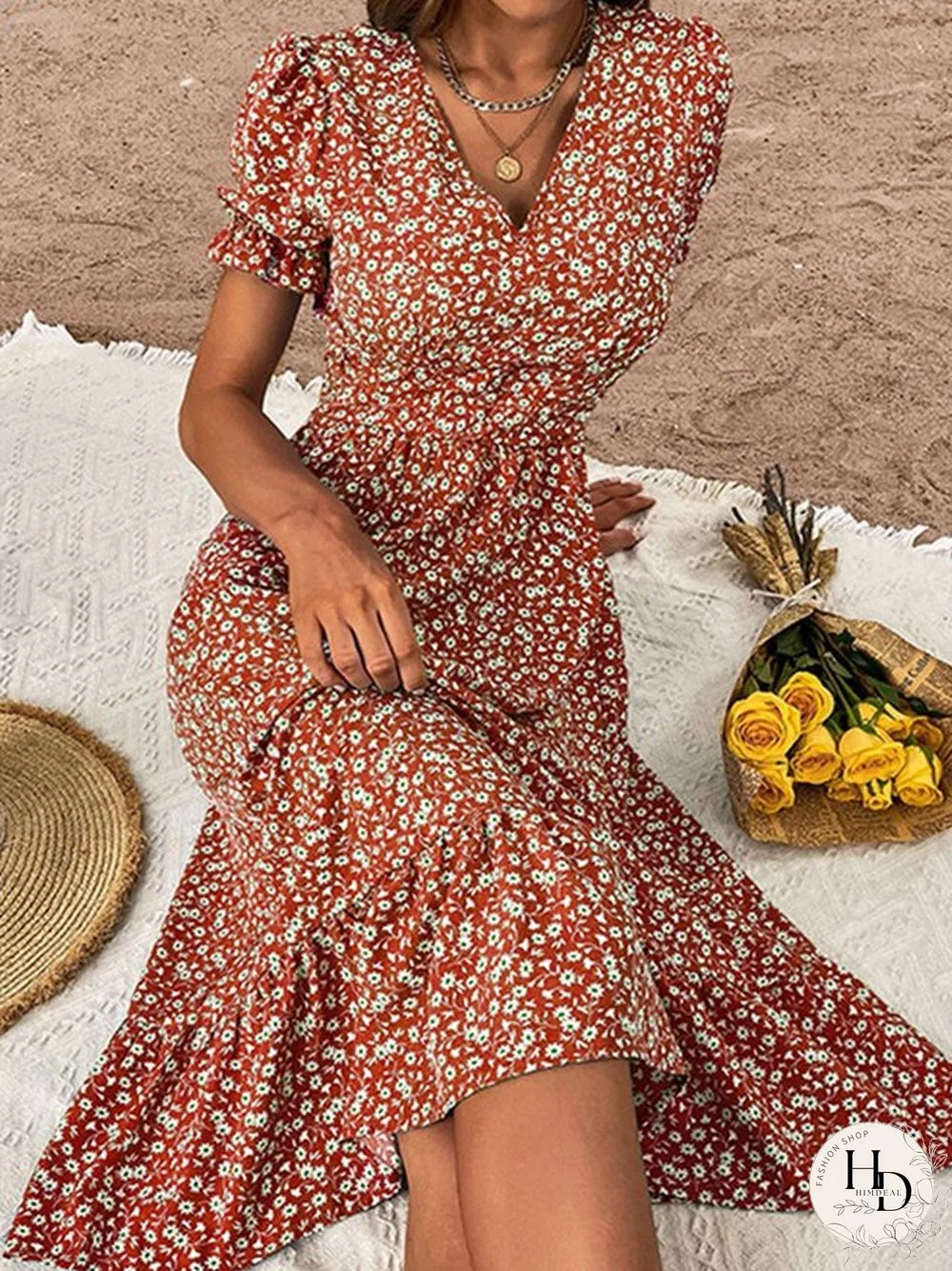 Ditsy Floral Women's Fashion Summer Pleated Holiday Sexy Big Swing Dress
