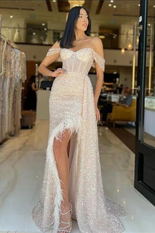 Bellasprom Off-the-Shoulder Sequins Prom Dress Mermaid Slit With Ruffles Feather Bellasprom
