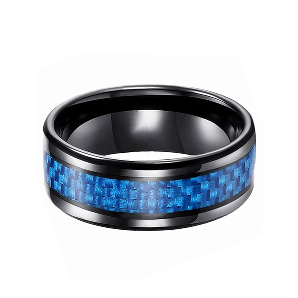 Black Tungsten Carbide Rings 8MM Mens Wedding Band Blue Carbon Fiber Inlay Polished Finished