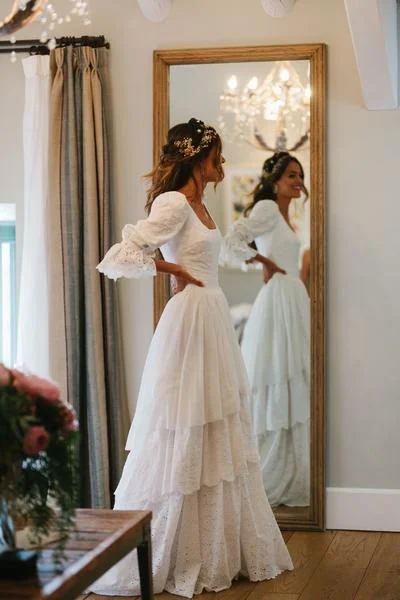 Lantern Sleeve Lace Wedding Dresses with 34 Sleeves Boho Wedding Dresses with Flutter Sleeves