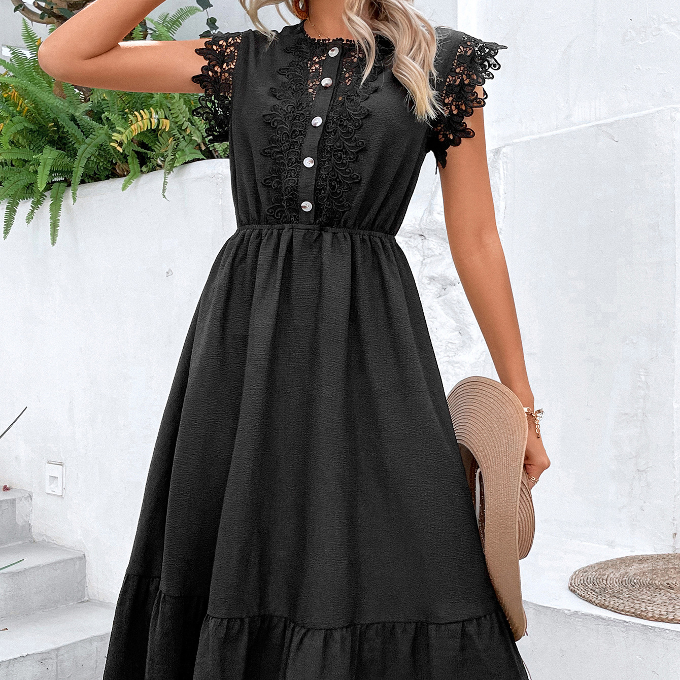 Women's Lace Ruffle Solid Color High Waist Fashion Mid Dress