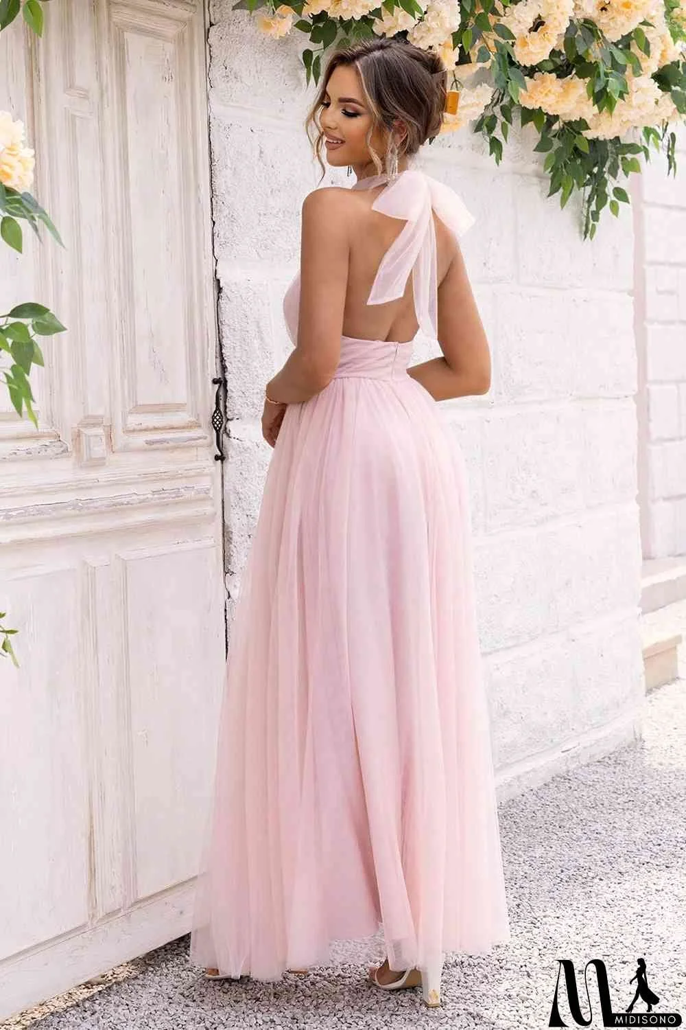 MidiSono - Halter Neck Backless Mesh Dress