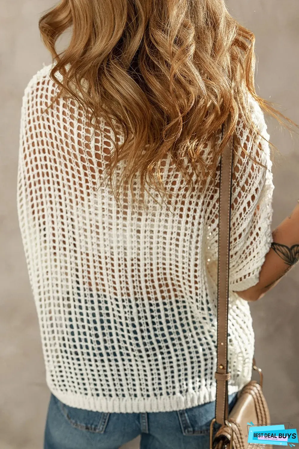 Hollowed Crochet Colorful Flower Loose Knit T Shirt