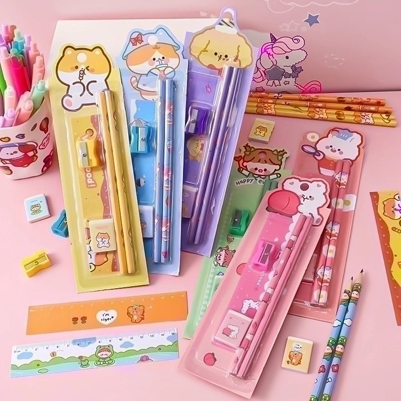 Student Learning Stationery Cartoon Pencil Eraser Ruler Pencil Sharpener Five-piece Set