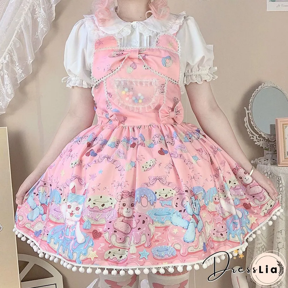 Sweet Lolita Milk Foam Pudding Print Cute Jsk Strap Dress Women Summer Tea Party Princess