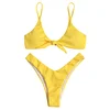 ZAFUL 2019 New Arrival Ribbed Knotted Swim Bra with Thong Bottoms Swimsuit Bathing Suit Sexy Bikini Set Beachwear Biquini
