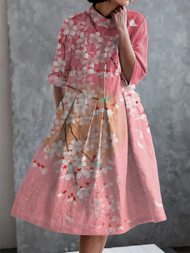 Japanese Cherry Blossom Print Casual Elegant Pocket Half Sleeve Dress