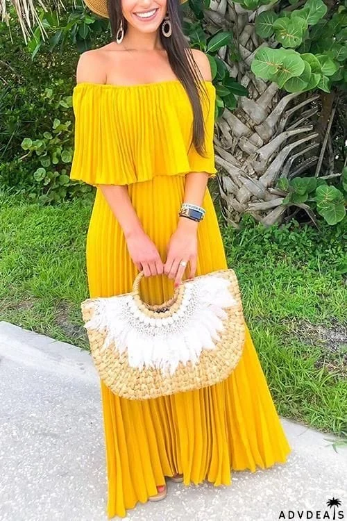 Off Shoulder Pleated Maxi Dress