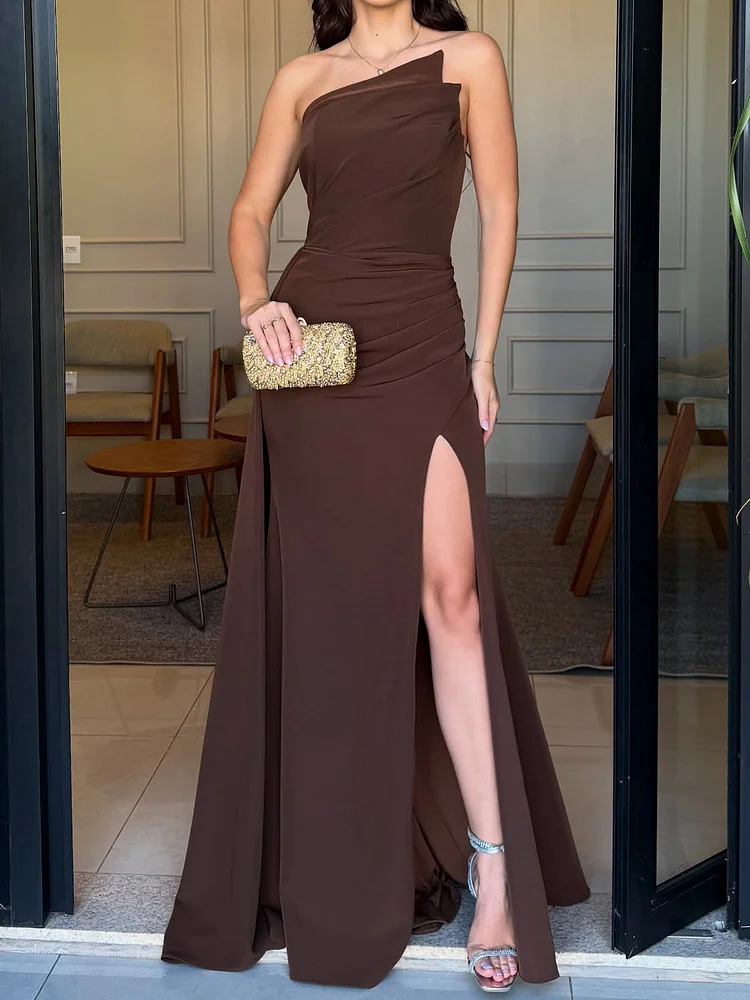 Brown Off-the-shoulder High-slit Dress