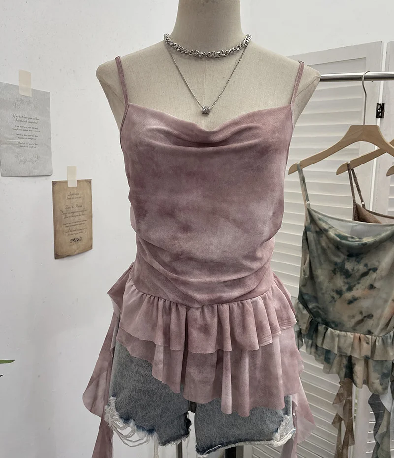 Uveng Real Shoot Spice Girl Swing Network Yarn Print Sling Vest Retivating Lotus Leaf Side Ribbon Short Top 1210