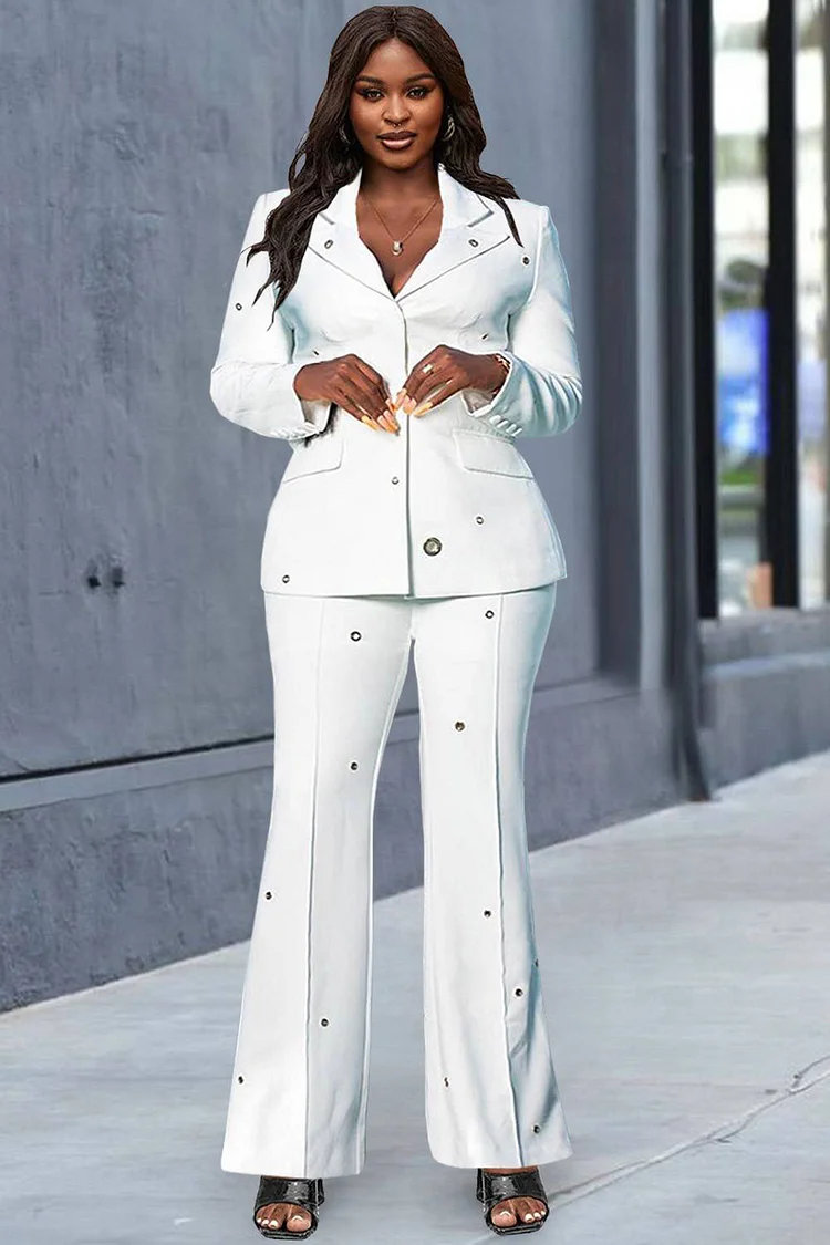 Xpluswear Design Plus Size White Formal V Neck Studded Flare Leg Suit Blazer Two Piece Pant Sets 