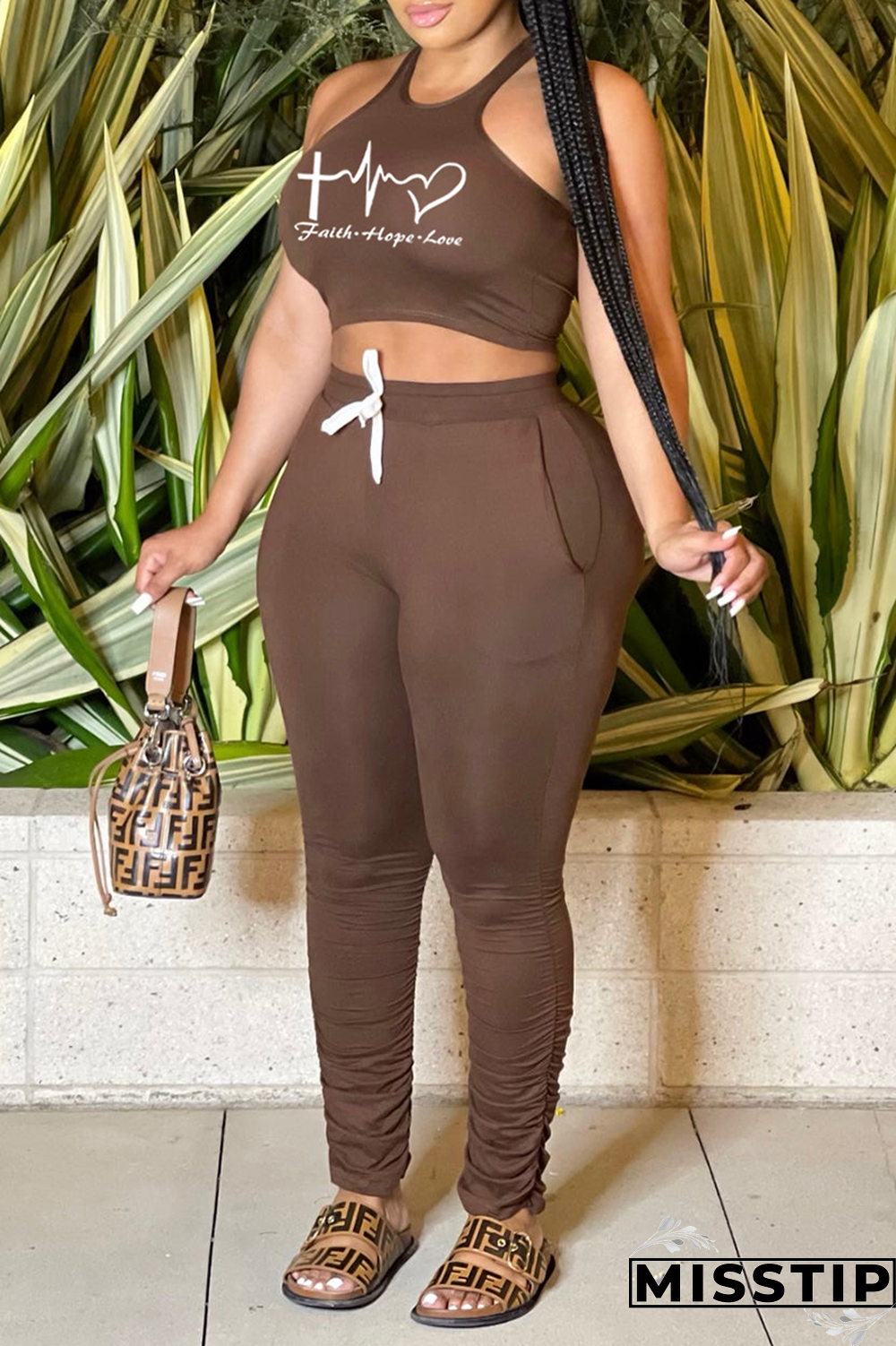 Blue Fashion Print Fold U Neck Sleeveless Two Pieces