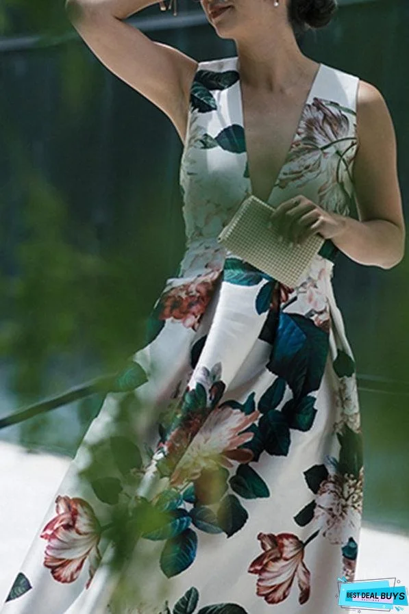 Autumn And Winter Sexy V-Neck Print Sleeveless High Waist Evening Dress