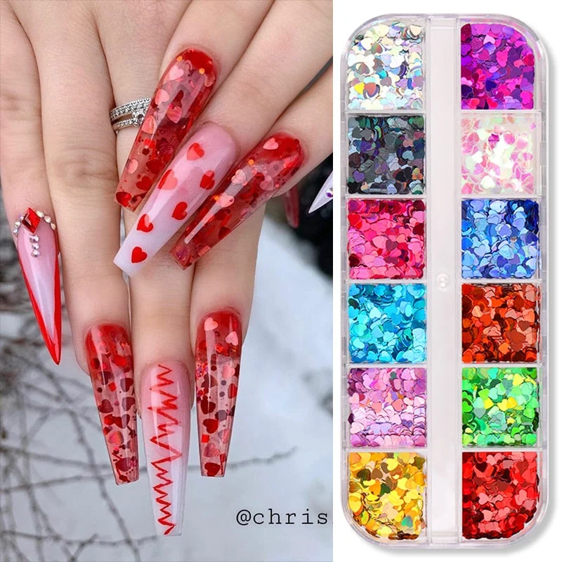 12 Grids Colorful Flourescent Nail Sequins Hollow Circle Sequins Neon Round Nail Art Glitter Flakes Butterfly 3D Slice Tips-Nail Inspo