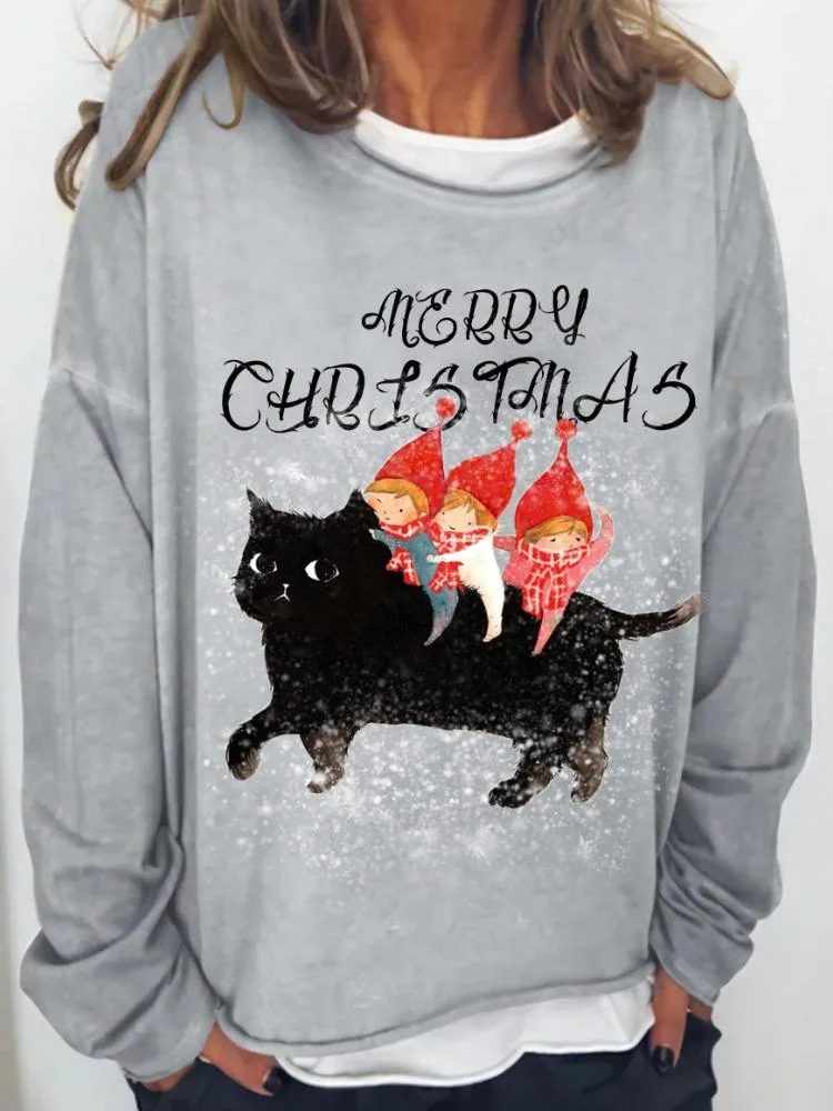 Women's Christmas Cat Printed Long Sleeved Round Neck Sweatshirt