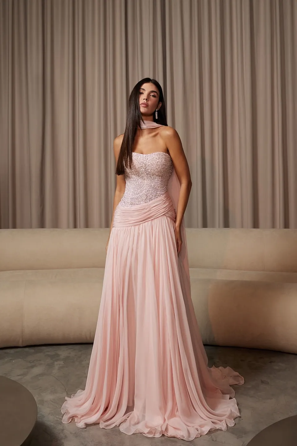 Chiffon Shining Strapless Sleeveless High-Waisted Long Prom Dress With Pleated And Beads | XH0027 Wellcucu