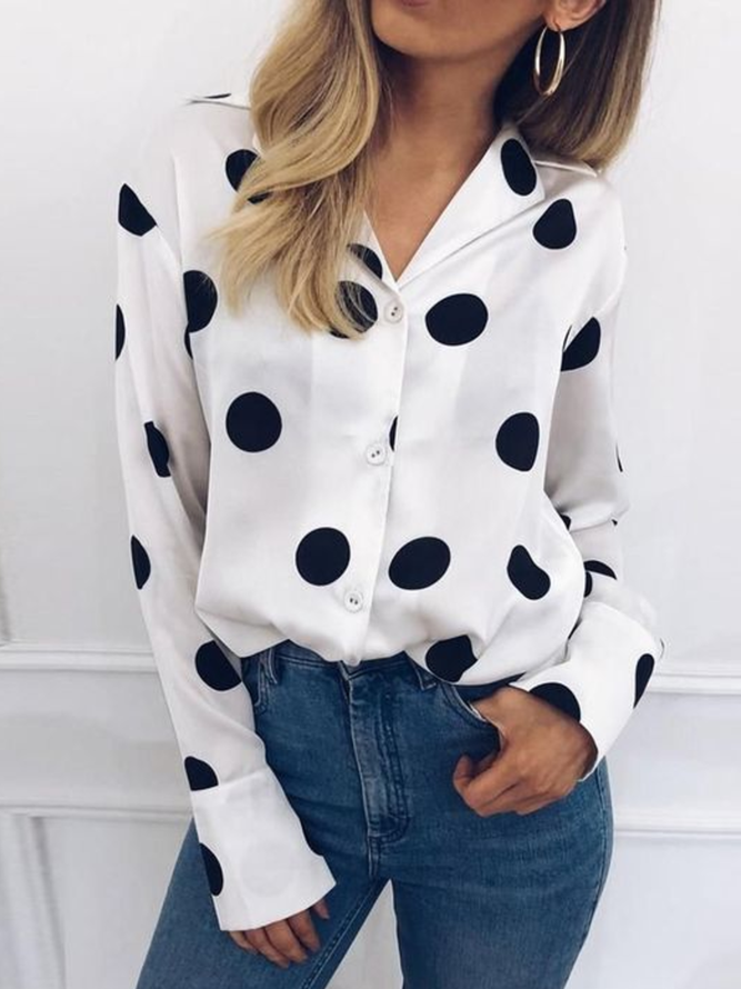 Polka Dots Cotton-Blend Buttoned Casual Shirts & Tops Zaesvini