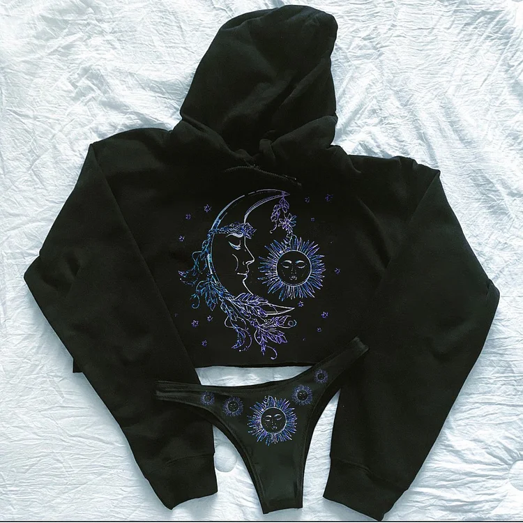 Sun Moon Feather Printed sports hoodie set