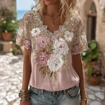 Women's Bohemian Pink And White Peony Embroidered Linen V-neck Short Sleeves - Image 2