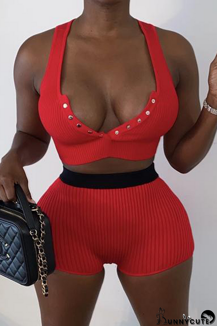 Red Sexy Solid Buckle V Neck Sleeveless Two Pieces