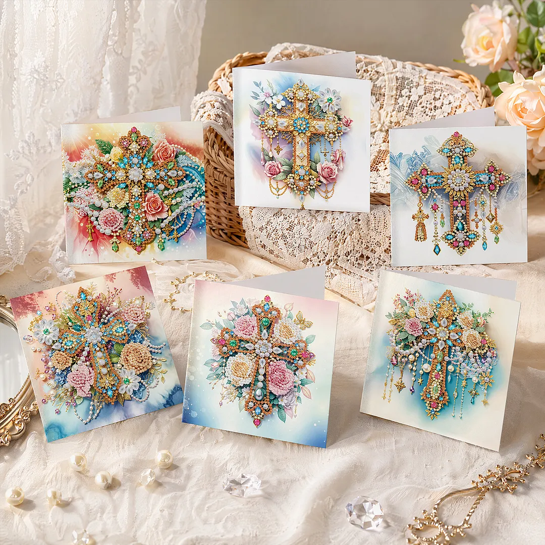 6pcs Cross DIY Diamond Painting Greeting Card Kits with Envelopes Diamond Art Greeting Cards Diamond Art Cards Kits for Adults DIY Crafts Family Friend Gifts