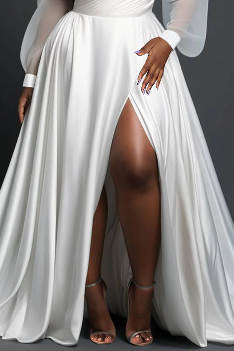 Xpluswear Design Plus Size Wedding White Elegant V Neck Puff Sleeve Long Sleeve Split See Through Satin Maxi Dresses [Pre-Order]