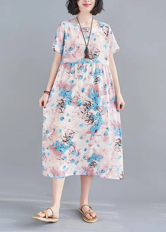 Modern O-Neck Summer Clothes Shape Blue Print Dresses
