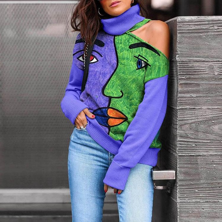 Mayoulove Purple&green joint face printed sweater-Mayoulove