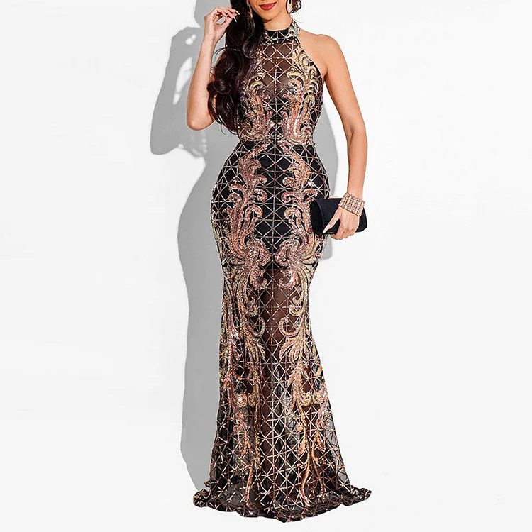 Sequins Backless Floor-Length Evening Dress - IRBOOM Fashion Clothing