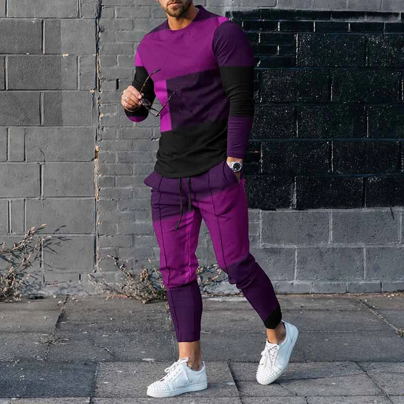 Fashion Men's Color Block Casual Long Sleeve T-Shirt And Pants Co-Ord