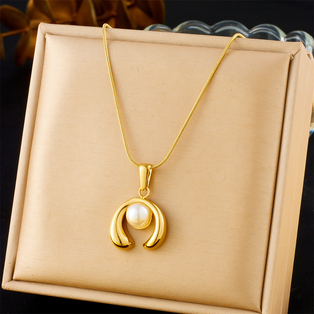 Korean Style Fashion Simple Versatile Ring-Shaped Opening Inlaid Pearl Stainless Steel Pendant Gold-Plated Chain Necklace
