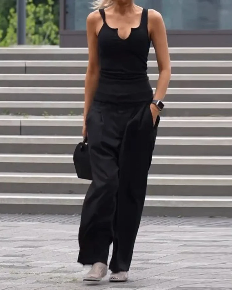 Sleeveless solid color casual two-piece suit