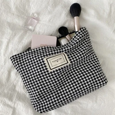 Women Lattice Cosmetic Bag Houndstooth Large Solid Black Makeup Bag Travel Beauty Case Storage Organizer Clutch Toiletry Kit