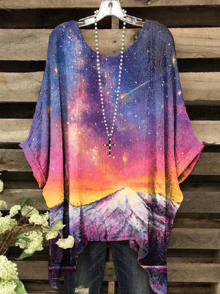 Women's Vintage Evening Snow Mountain Pattern Crew Neck Top