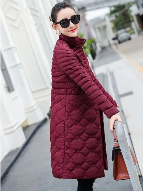 Jangj Long Down Padded Jacket New Winter Parkas Plus Size Lightweight Women's Abrigos Korean Quilted Jacket Stand Collar Overcoat