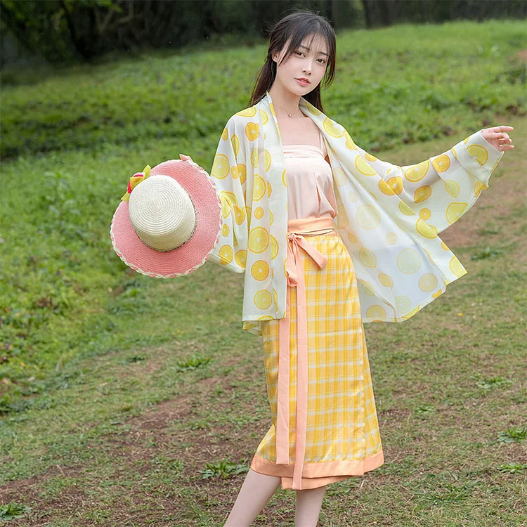 Lemon Plaid Han Costume Outerwear Dress Three-piece Set - Modakawa Modakawa