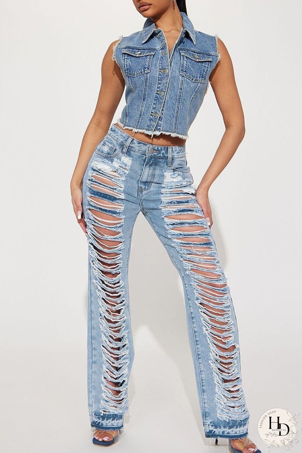 Sky Blue Street Solid Ripped Make Old Patchwork High Waist Denim Jeans