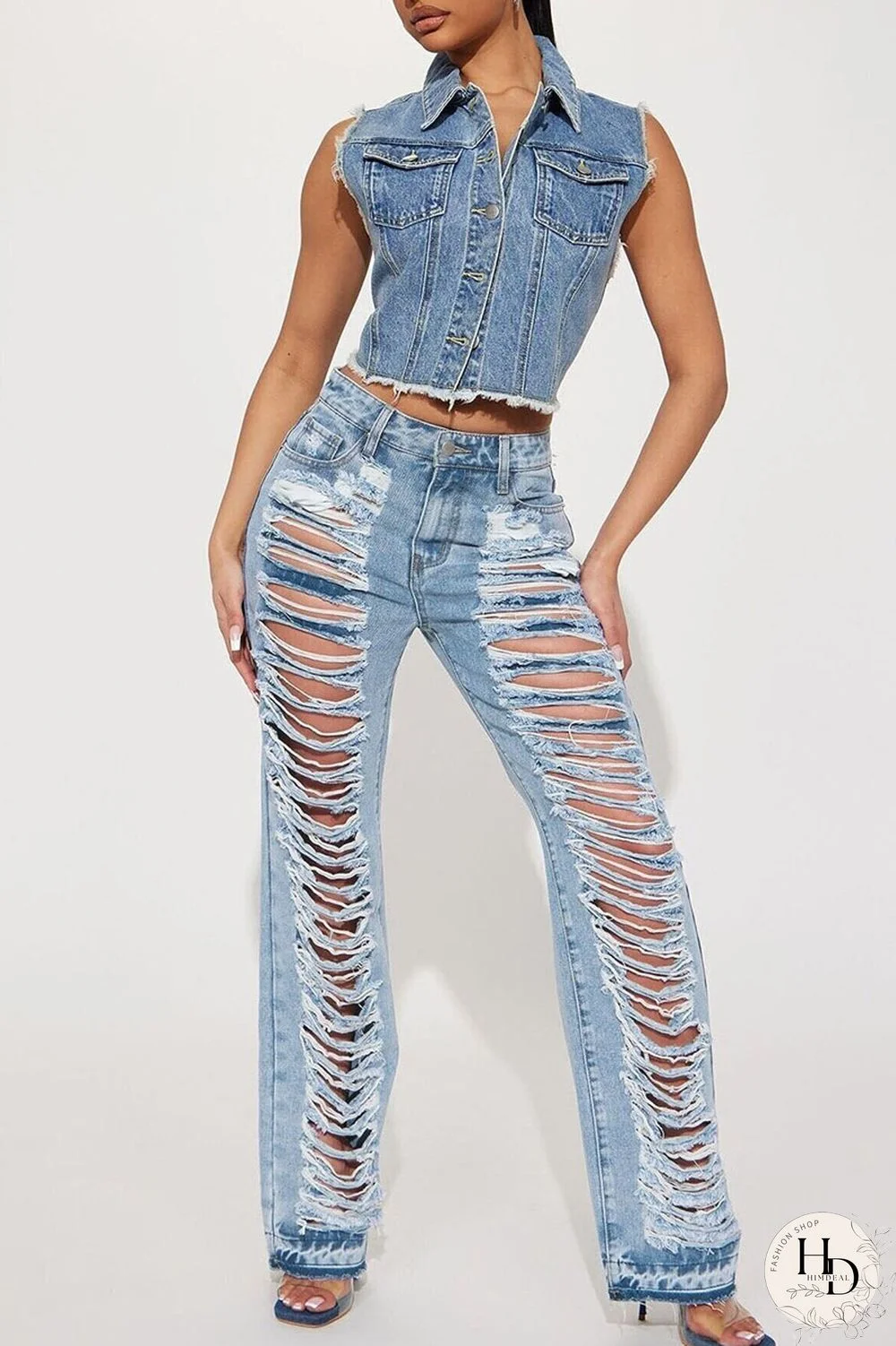 Sky Blue Street Solid Ripped Make Old Patchwork High Waist Denim Jeans