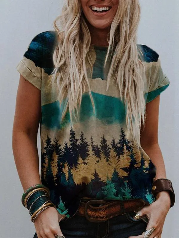 Ladies Mountain Print Crew Neck T-shirt